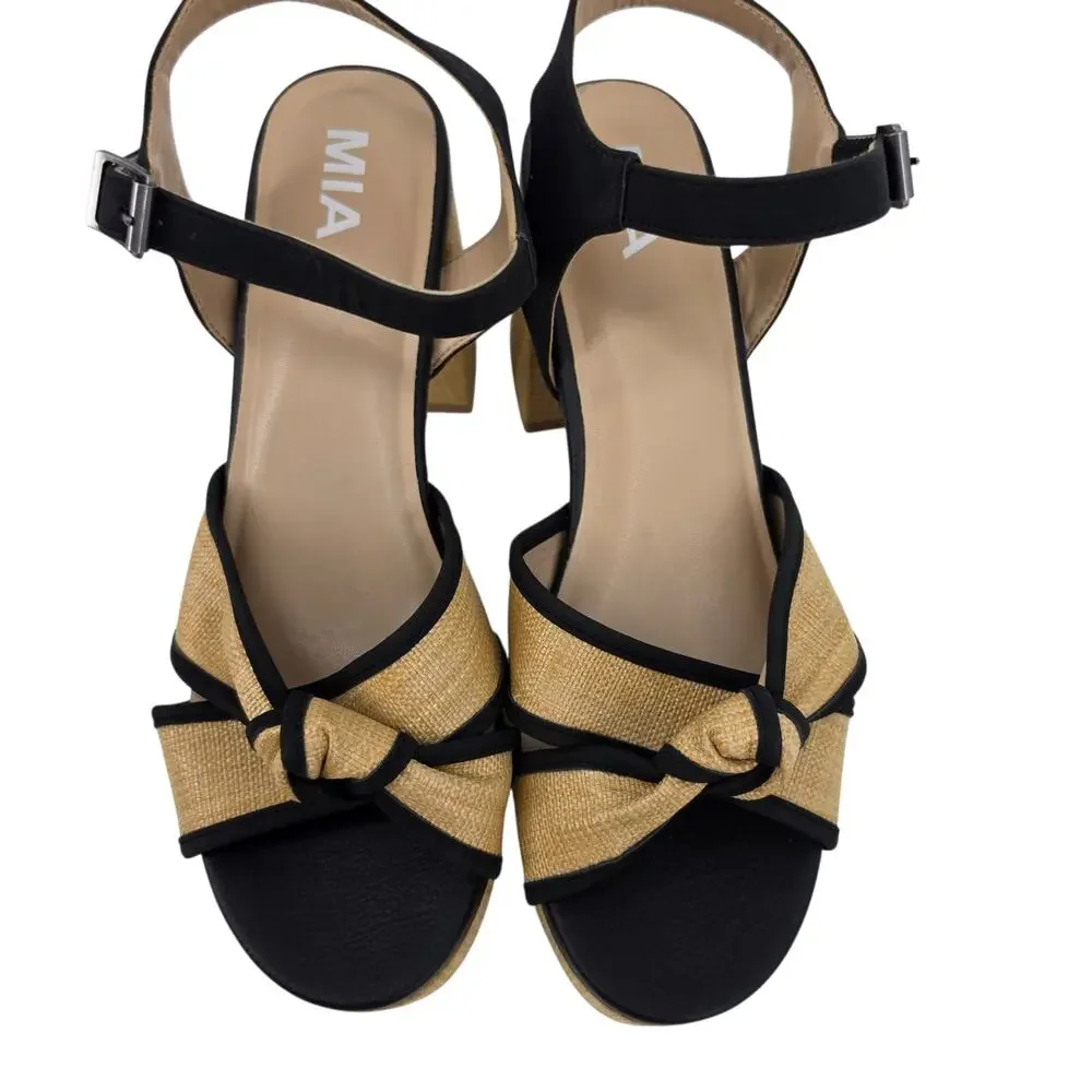 NWOT MIA Tan & Black Woven Roxie Platform Block Heel Ankle Strap Sandals Size 10